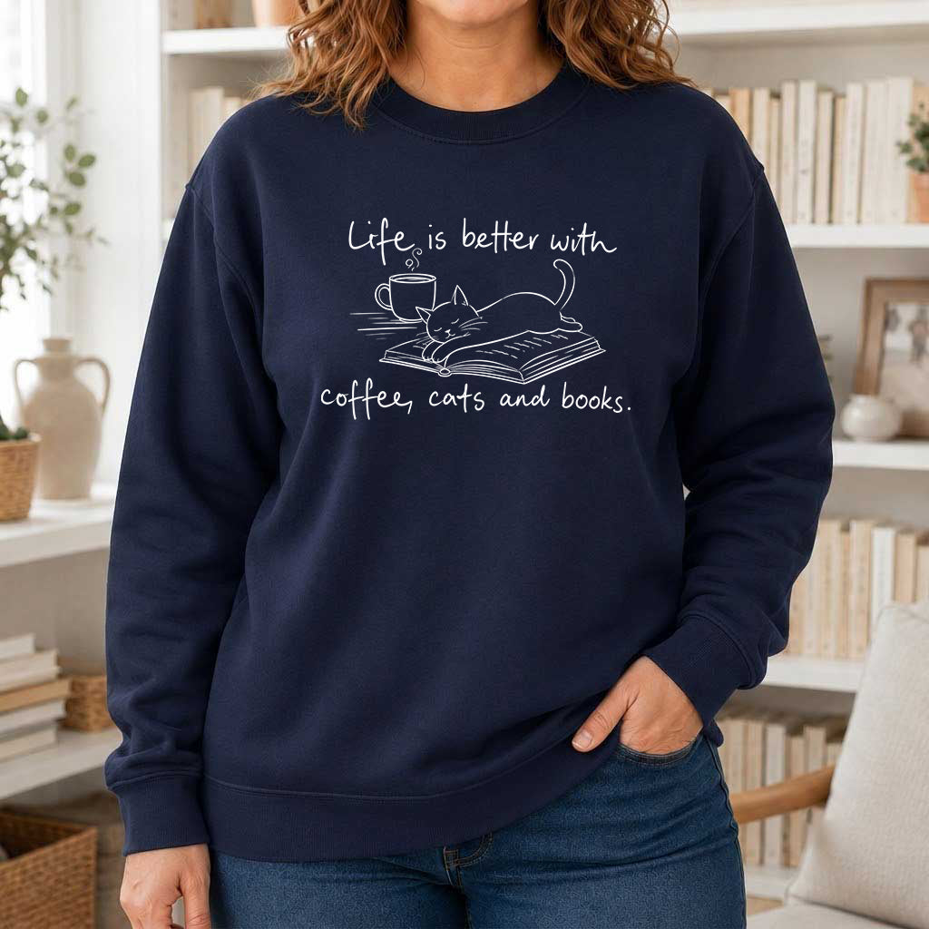 Funny Cats and Books Crewneck Sweatshirt | Reader Gift Navy