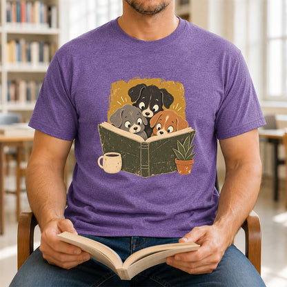 Minimal Japanese Dogs Reading Softstyle T-Shirt | Book Lover Gift Heather Purple