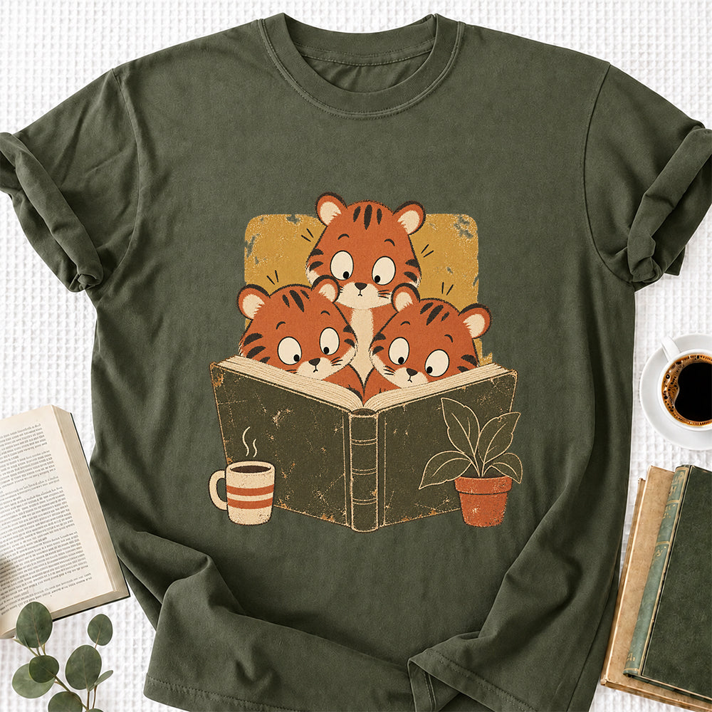 Minimal Japanese Tigers Reading Softstyle T-Shirt | Book Lover Gift Military Green