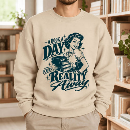 A Book A Day Keeps Reality Away Softstyle Sweatshirt | Cozy Book Lover Gift Sand