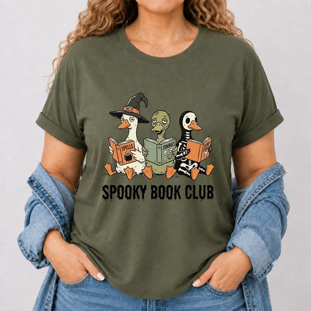 Spooky Book Club Printed T-Shirt | Halloween Book Lover Gift Military Green