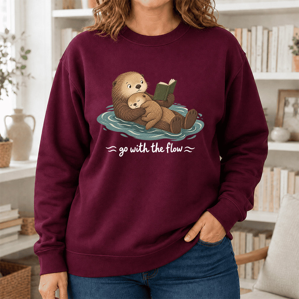 Go With The Flow Otter Reading Crewneck Sweatshirt | Reader Gift Maroon