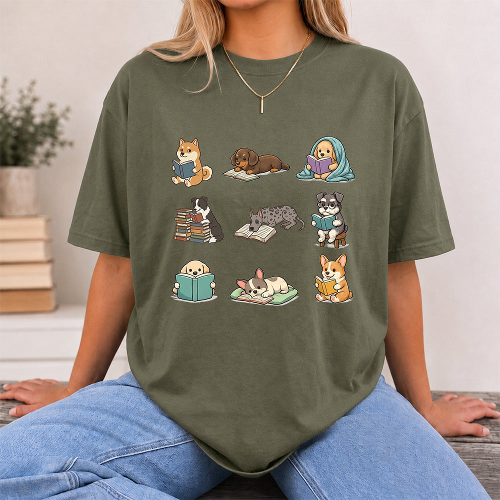 Funny Dogs Reading Softstyle T-Shirt | Book Lover Gift Military Green