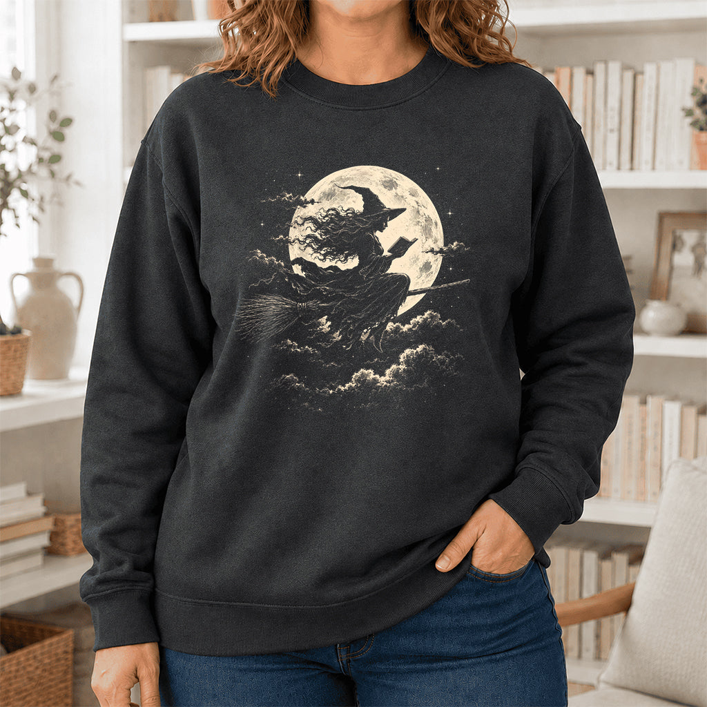 Reading Witch On The Flying Broom Printed Sweatshirt | Halloween Reader Gift Dark Heather