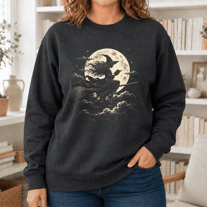 Reading Witch On The Flying Broom Printed Sweatshirt | Halloween Reader Gift Dark Heather