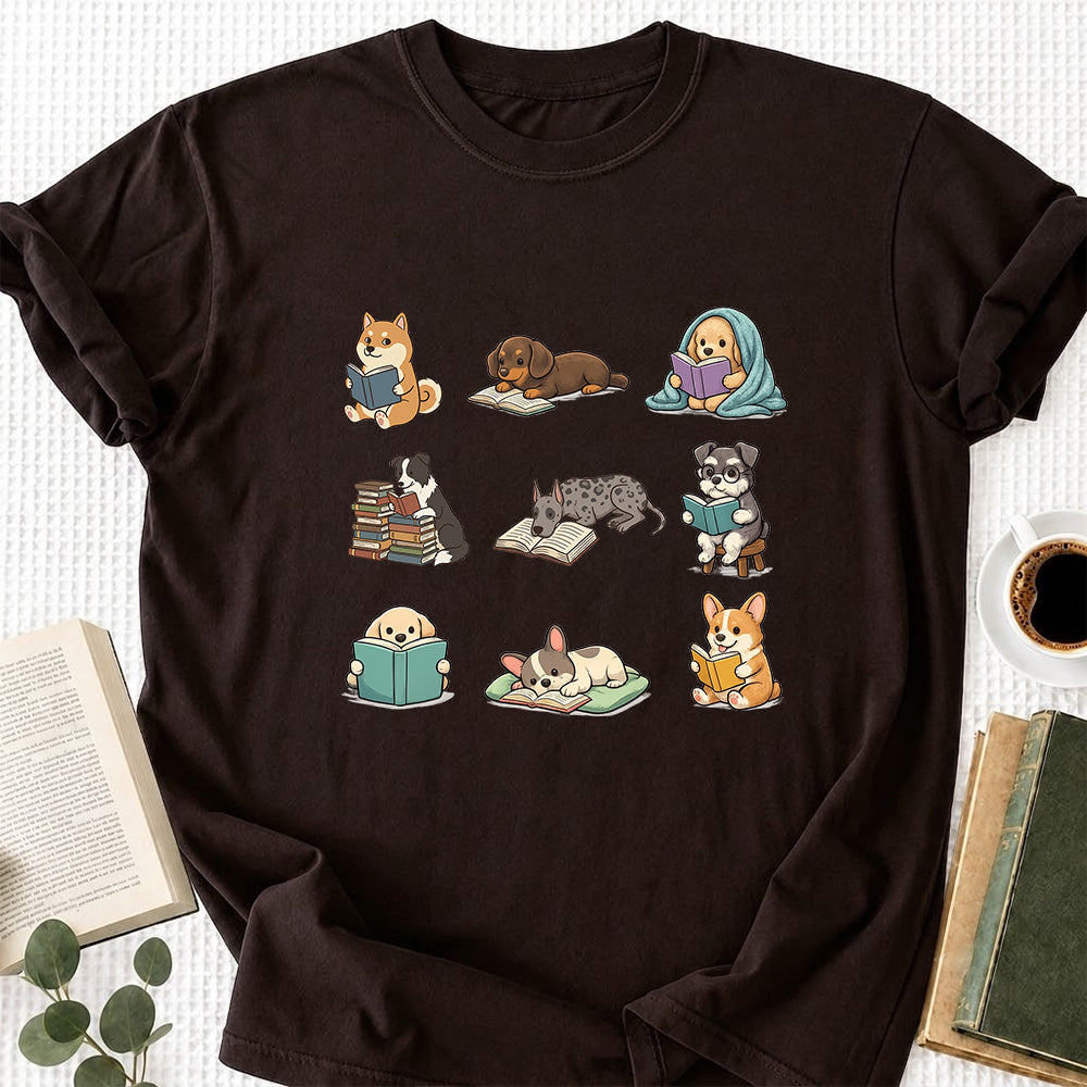 Funny Dogs Reading Softstyle T-Shirt | Book Lover Gift Dark Chocolate
