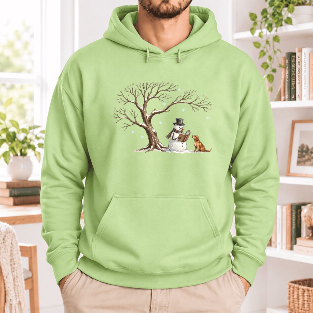 Golden Retriever And Snowman Under Tree Softstyle Hoodie | Christmas Reader Gift Pistachio