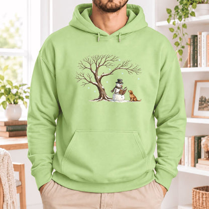 Golden Retriever And Snowman Under Tree Softstyle Hoodie | Christmas Reader Gift Pistachio