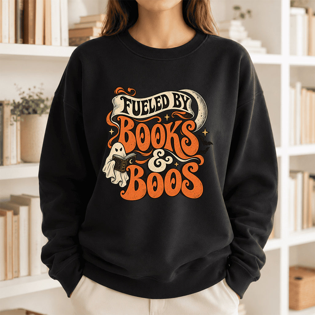 Fueled By Books & Boos Printed Sweatshirt | Halloween Book Lover Gift Black