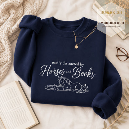 Easily Distracted By Horses And Books Embroidered Sweatshirt | Reader Gift Navy