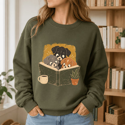 Minimal Japanese Dogs Reading Crewneck Sweatshirt | Reader Gift Military Green