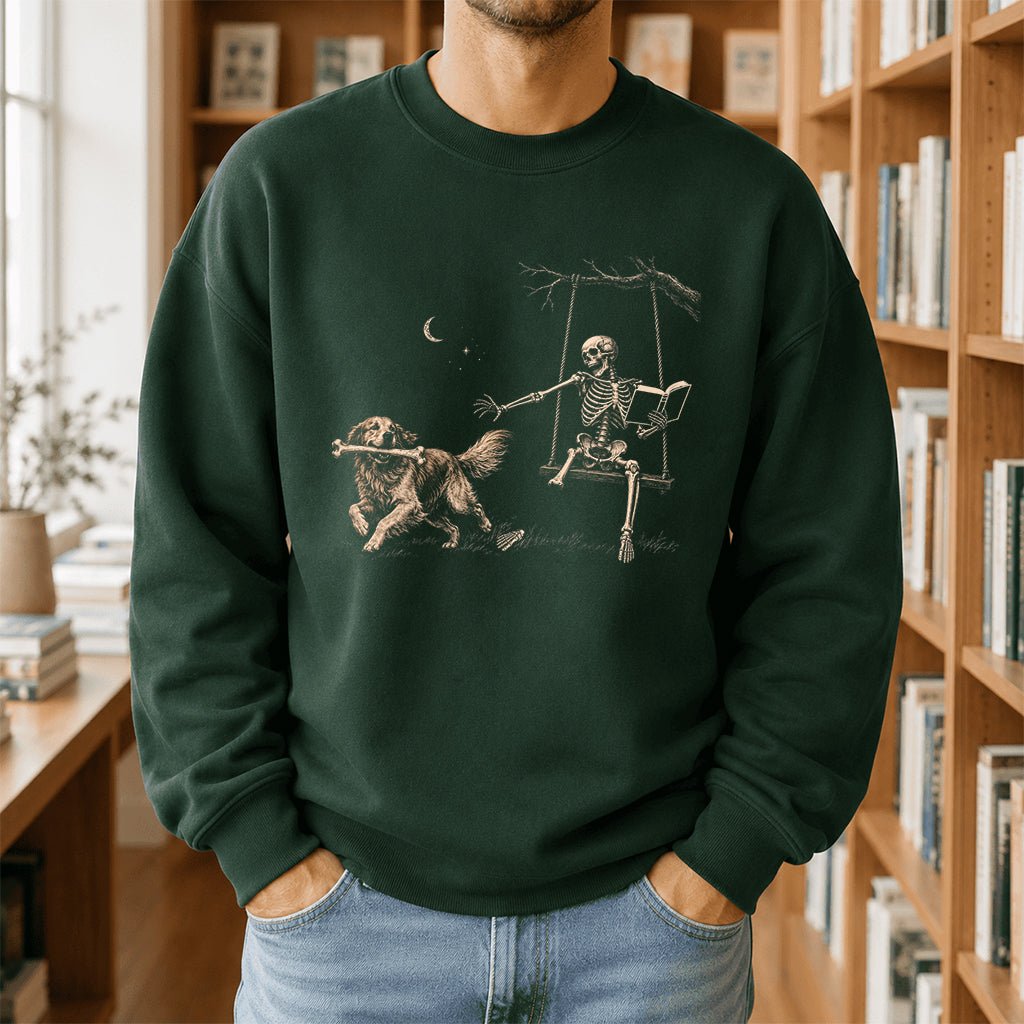 Funny Reading Book With Golden Retriever Printed Sweatshirt | Halloween Dog Lover & Reader Gift Forest Green