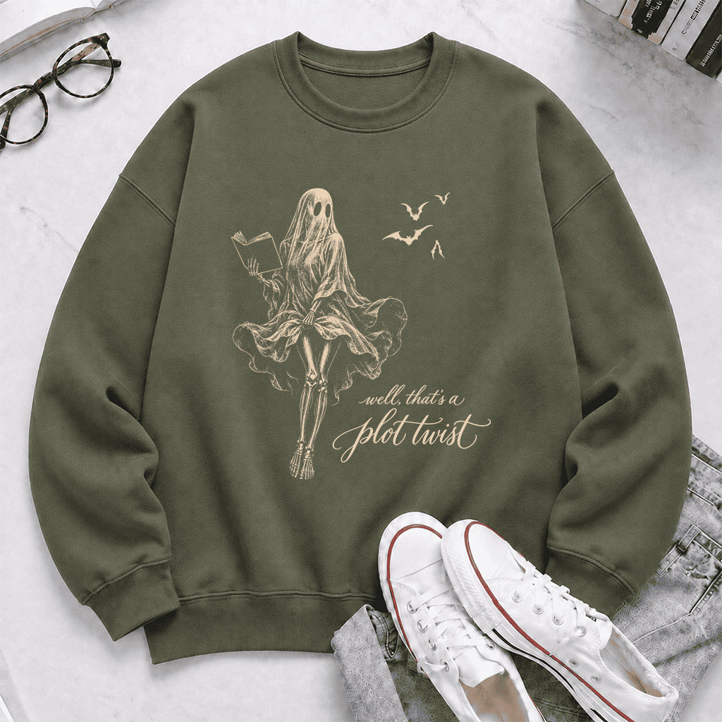 Funny Dress-Wearing Bookworm Ghost Printed Sweatshirt | Halloween Reader Gift Military Green