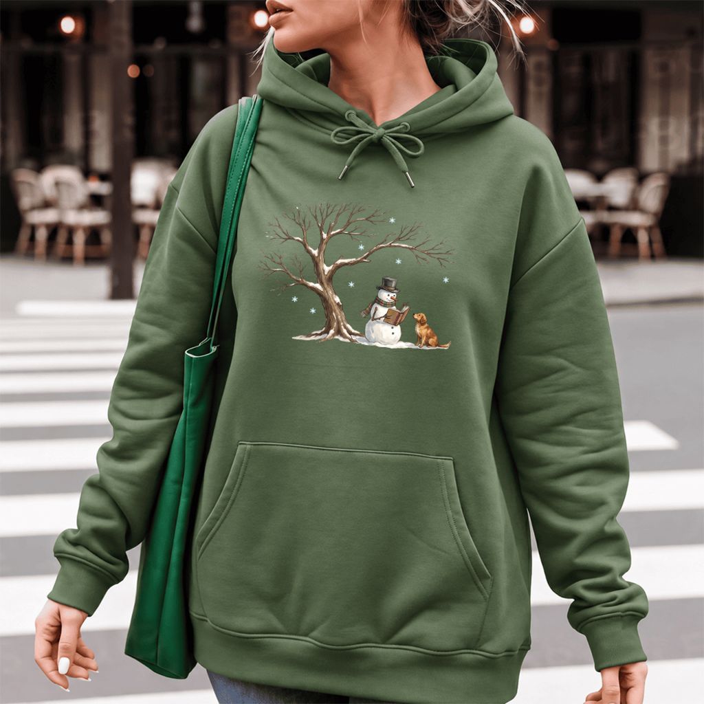 Golden Retriever And Snowman Under Tree Softstyle Hoodie | Christmas Reader Gift Military Green