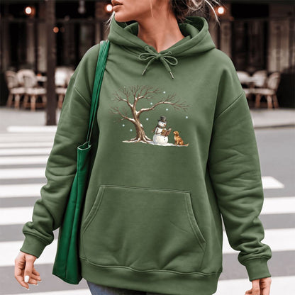 Golden Retriever And Snowman Under Tree Softstyle Hoodie | Christmas Reader Gift Military Green