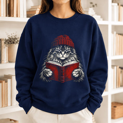 Vintage Reading Cat Maine Coon Softstyle Sweatshirt | Christmas Book Lover Gift Navy