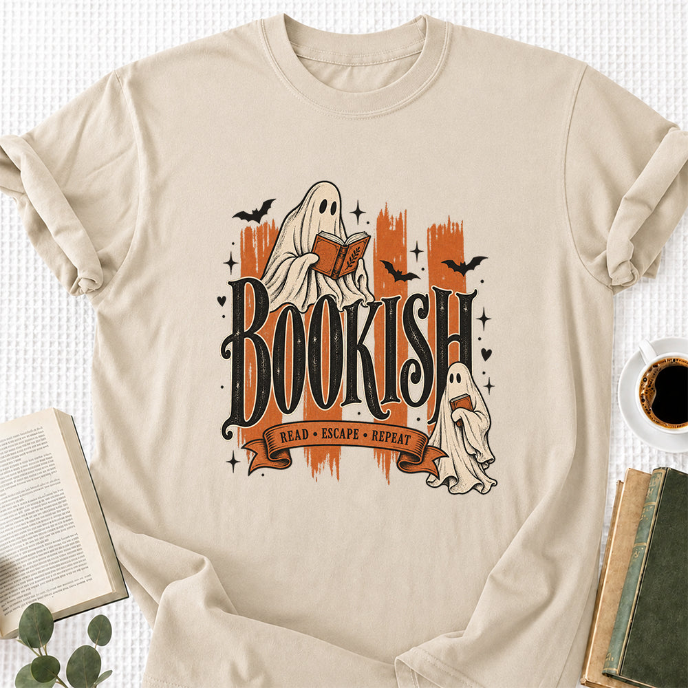 Bookish Read Escape Repeat Printed T-Shirt | Halloween Book Lover Gift Sand