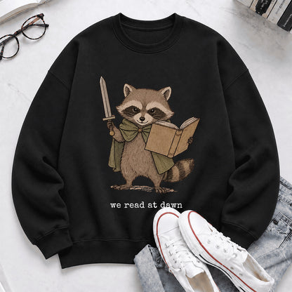 Raccoon We Read At Dawn Crewneck Sweatshirt | Reader Gift Black
