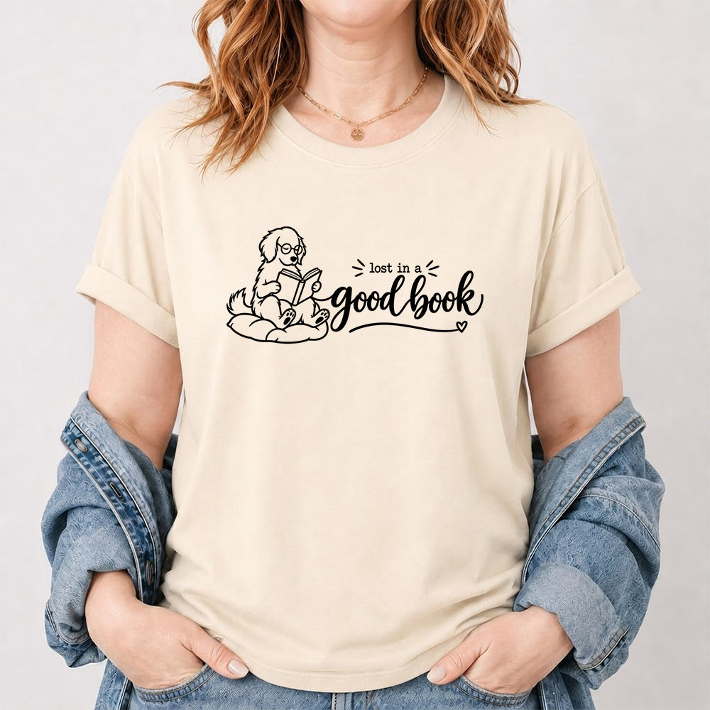 Lost In A Good Book Cotton T-Shirt | Dog & Book Lover Gift Natural