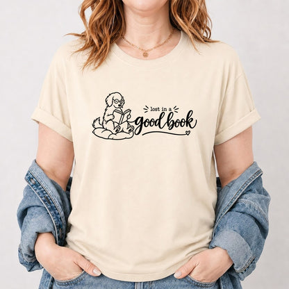 Lost In A Good Book Cotton T-Shirt | Dog & Book Lover Gift Natural