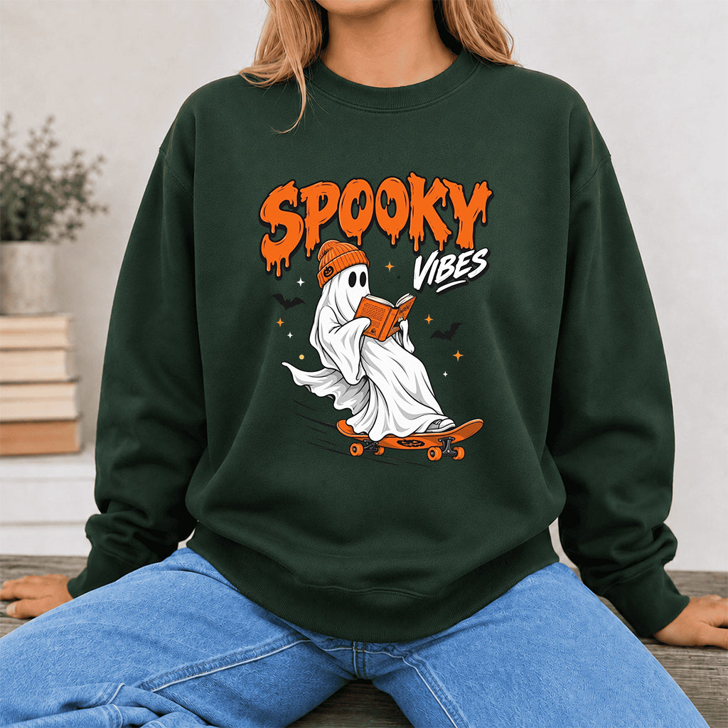 Spooky Vibes Printed Sweatshirt | Halloween Reader Gift Forest Green