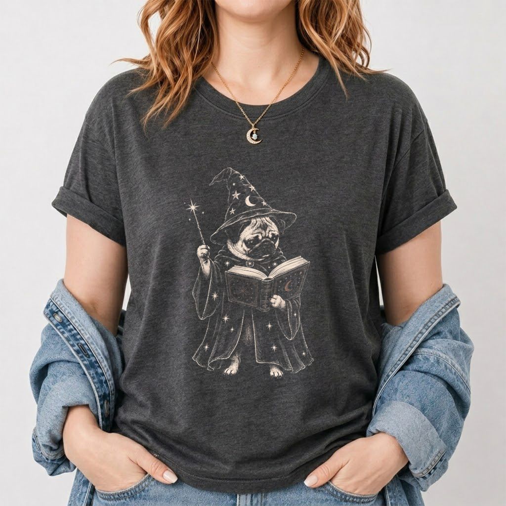 Cute Pug Witch Reading Book Printed T-Shirt | Halloween Book & Dog Lover Gift Dark Heather