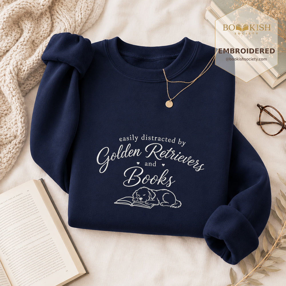 Easily Distracted By Golden Retrievers And Books Embroidered Sweatshirt | Reader Gift Navy