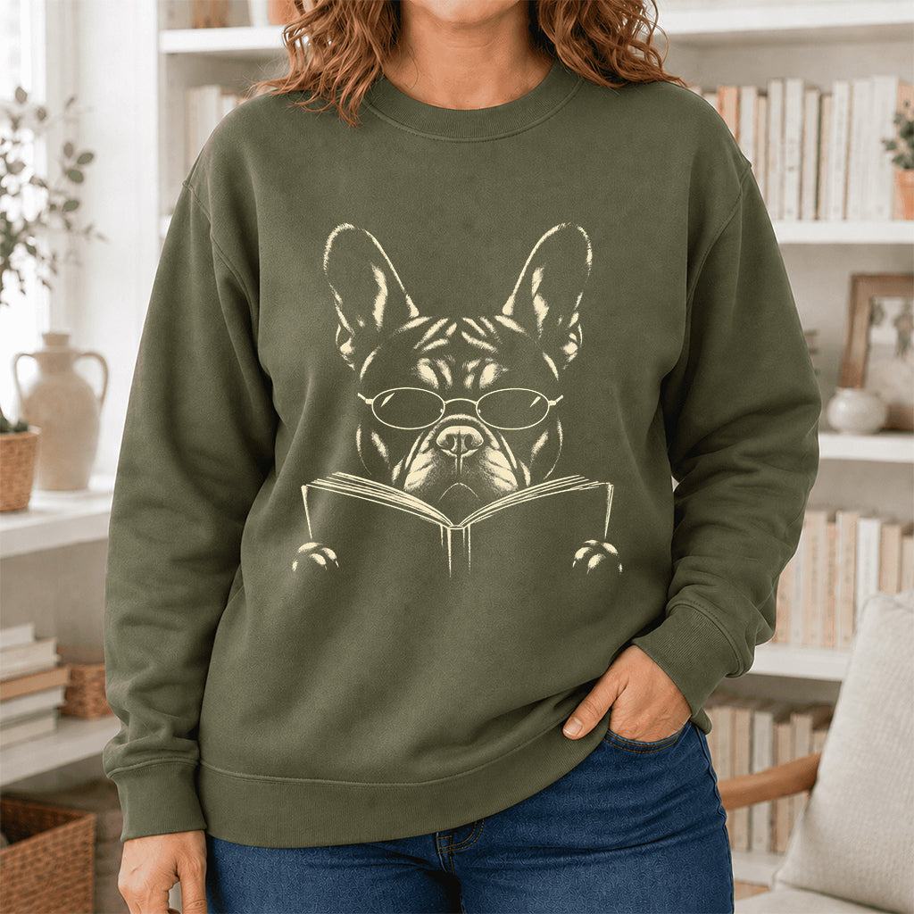 French Bulldog Reading Book Crewneck Sweatshirt | Reader Gift Military Green
