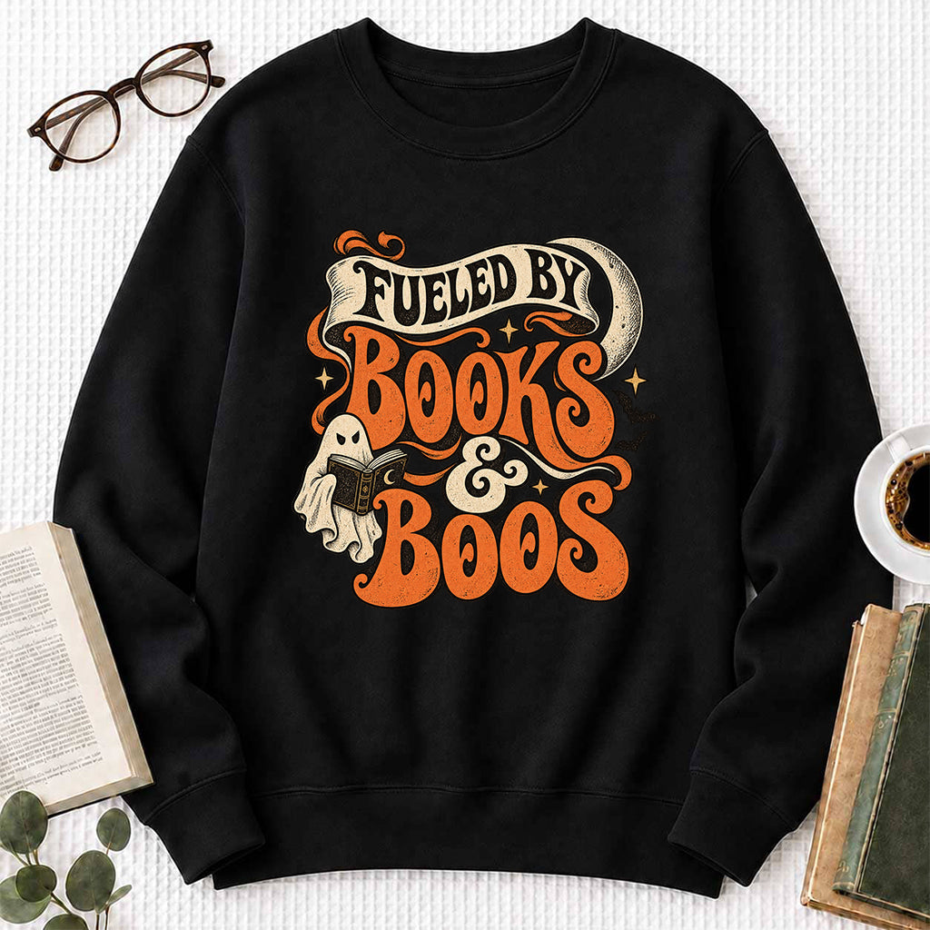 Fueled By Books & Boos Printed Sweatshirt | Halloween Book Lover Gift Black