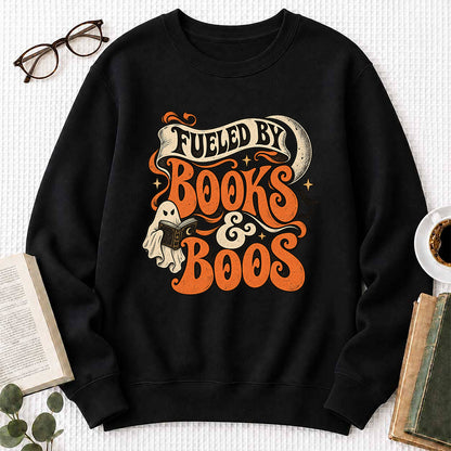 Fueled By Books & Boos Printed Sweatshirt | Halloween Book Lover Gift Black