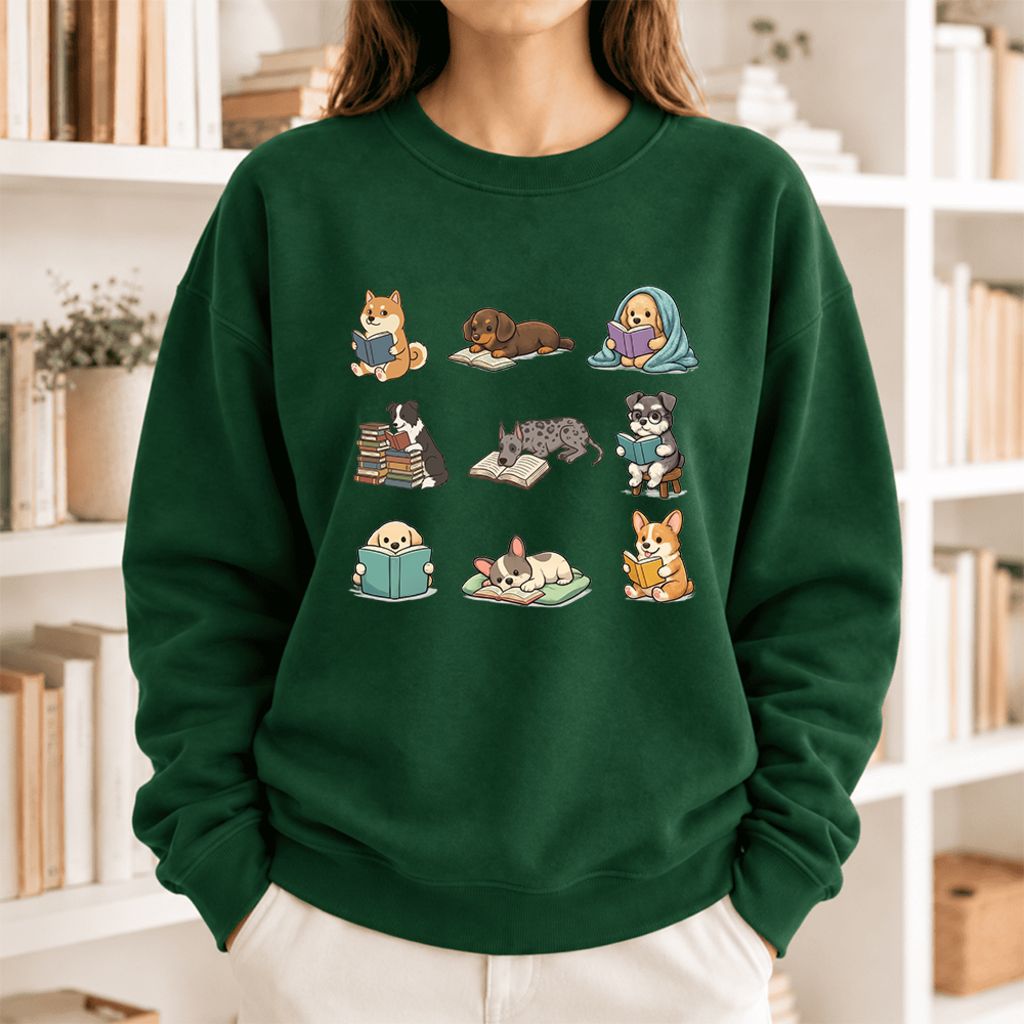 Funny Reading Dogs Embroidered Sweatshirt | Dog Mom Reader Gift Forest Green
