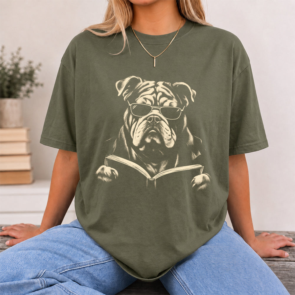 Bulldog Reading Book Softstyle T-Shirt | Book Lover Gift Military Green