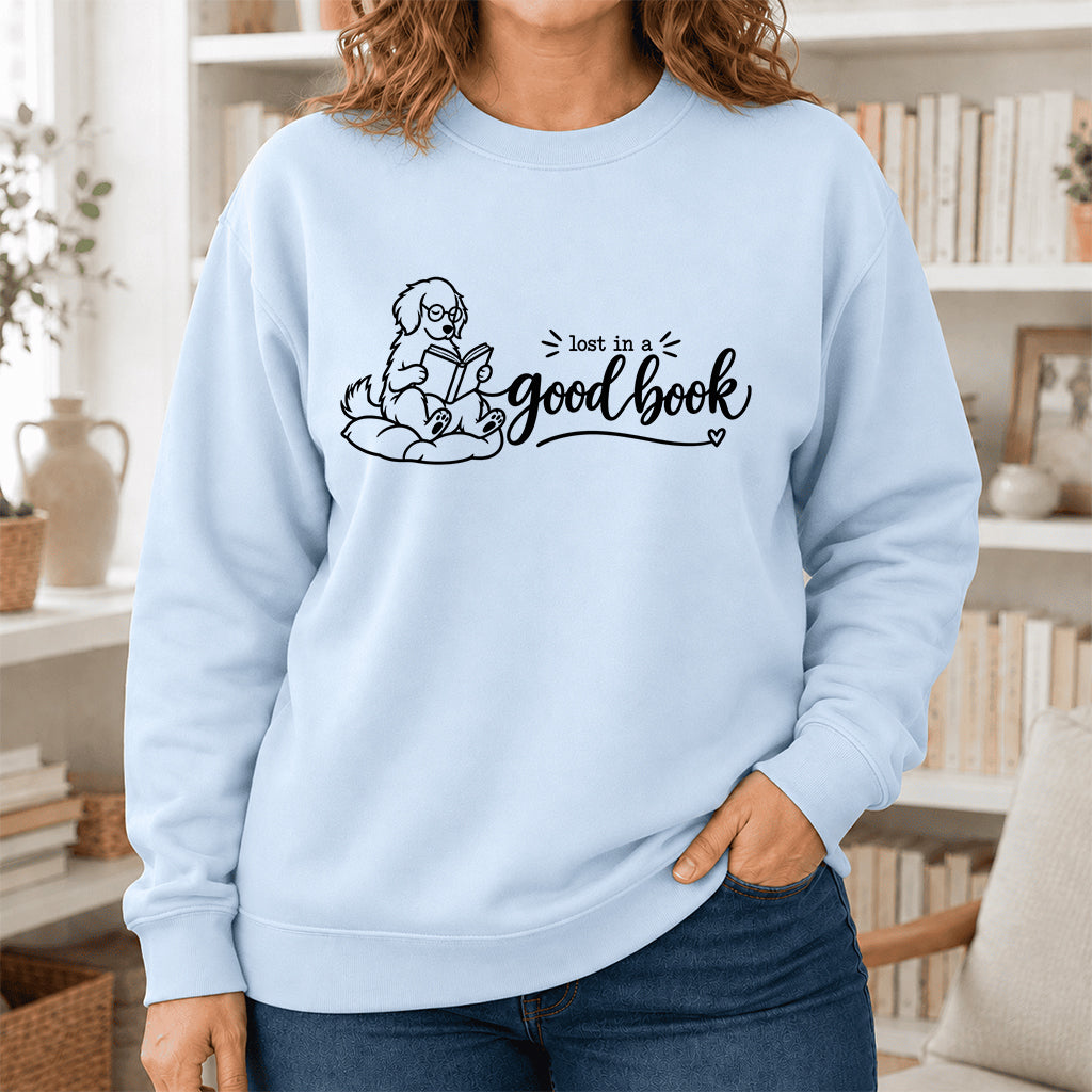 Lost In A Good Book Crewneck Sweatshirt | Dog Lover & Reader Gift Light Blue