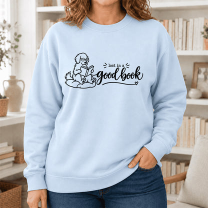 Lost In A Good Book Crewneck Sweatshirt | Dog Lover & Reader Gift Light Blue