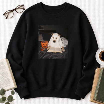 Cute Reading Ghost Dog Printed Sweatshirt | Halloween Book Lover Gift Black