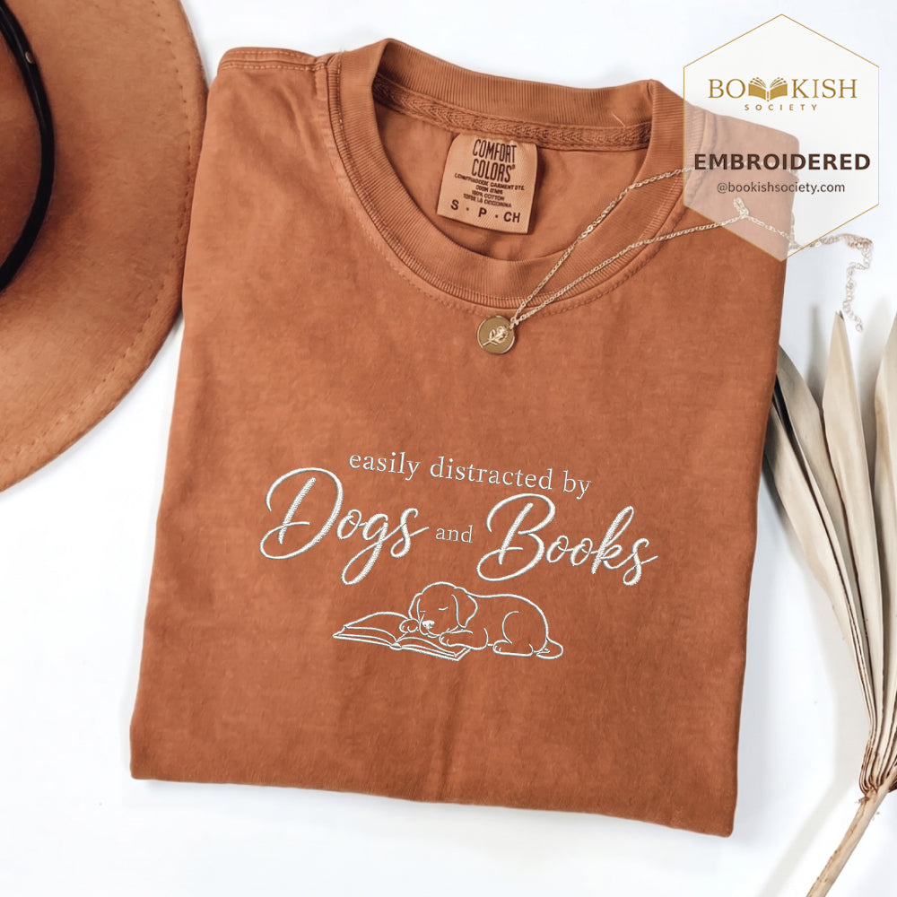 Easily Distracted By Dogs And Books Embroidered Comfort Color® T-shirt | Book Lover Gift Yam