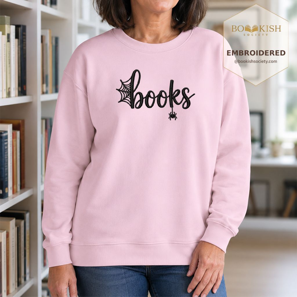 Halloween Books Embroidered Sweatshirt | Spooky Book Lover Gift Light Pink