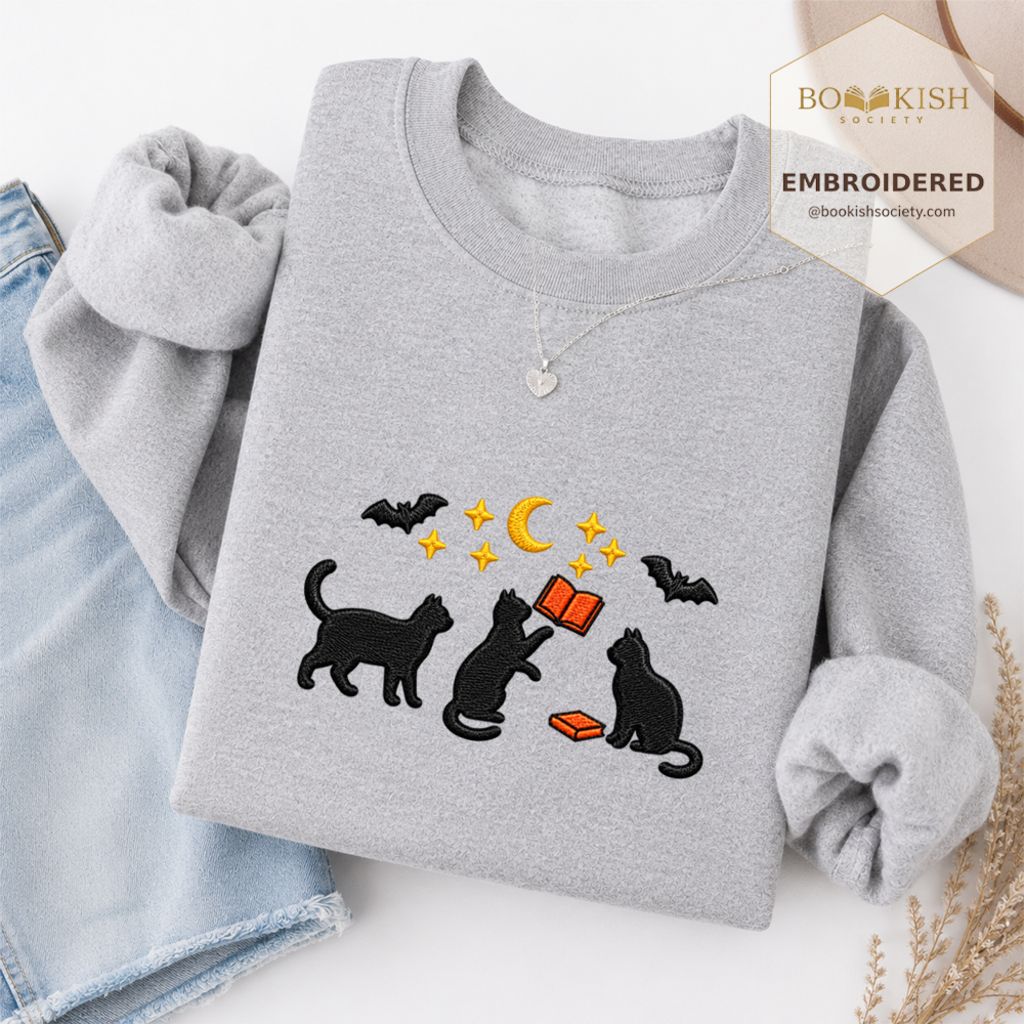 Black Cats With Books Embroidered Sweatshirt | Spooky Reader Gift Sport Grey