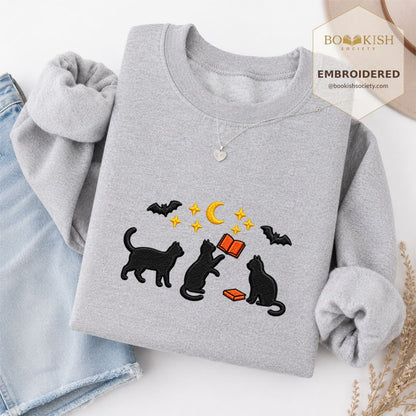 Black Cats With Books Embroidered Sweatshirt | Spooky Reader Gift Sport Grey