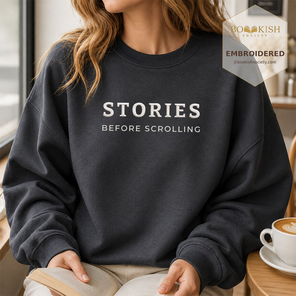 Stories Before Scrolling Embroidered Sweatshirt | Reader Gift Dark Heather