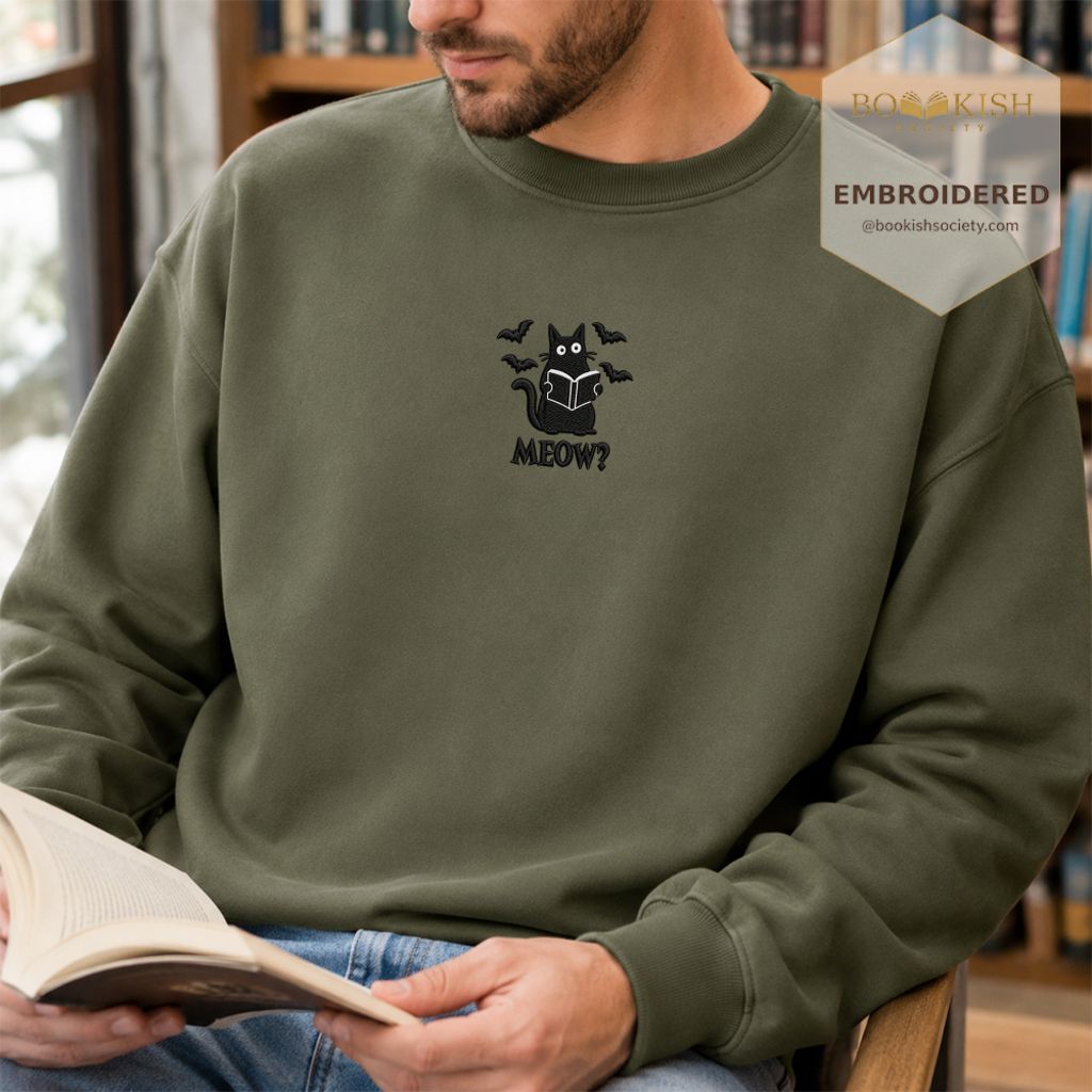 Halloween Meow Embroidered Sweatshirt | Spooky Book Lover Gift Military Green