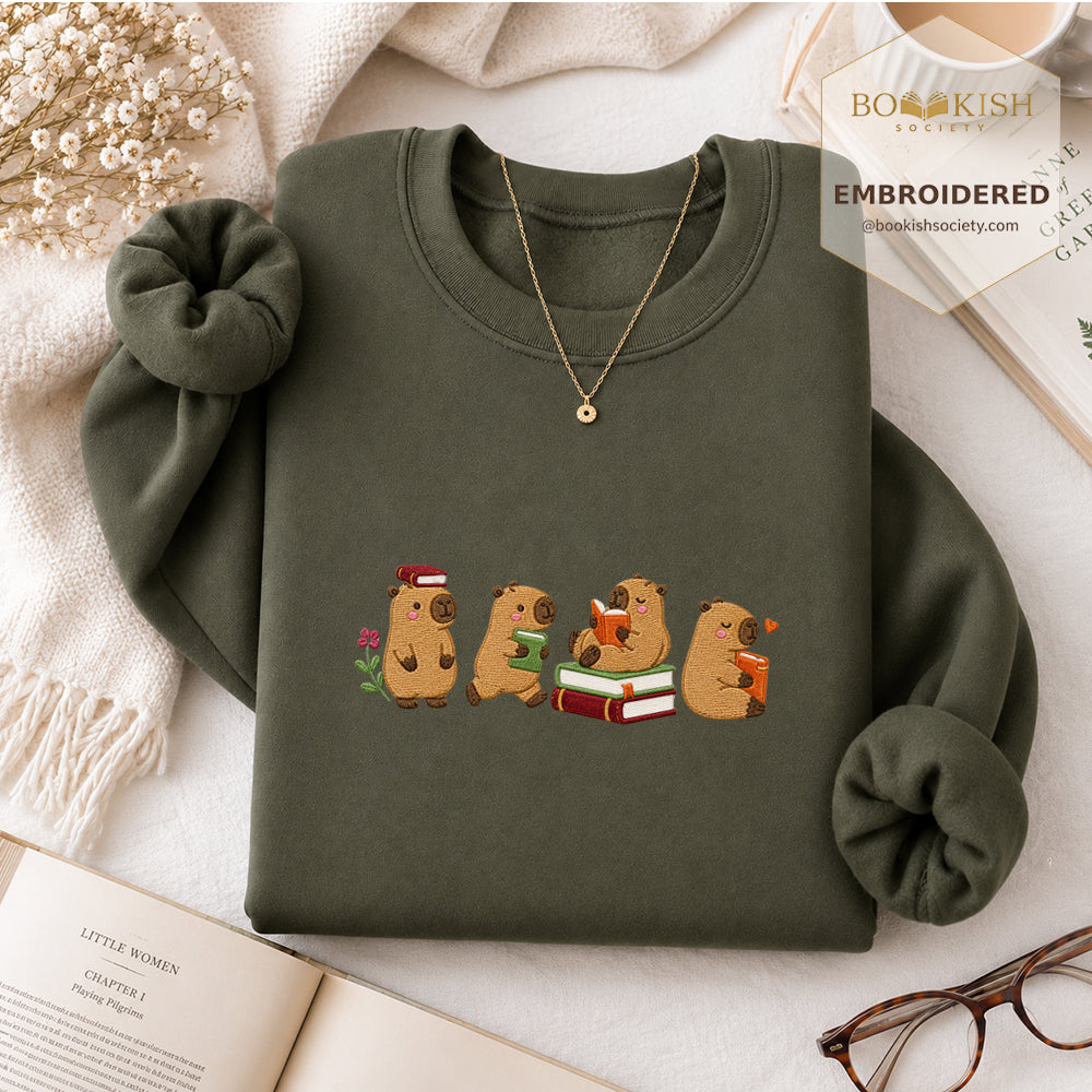Reading Capybaras Embroidered Sweatshirt | Reader Gift Military Green