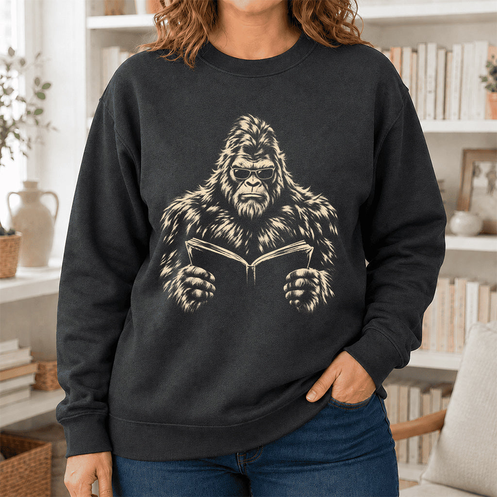 Big Foot Reading Book Crewneck Sweatshirt | Reader Gift Dark Heather