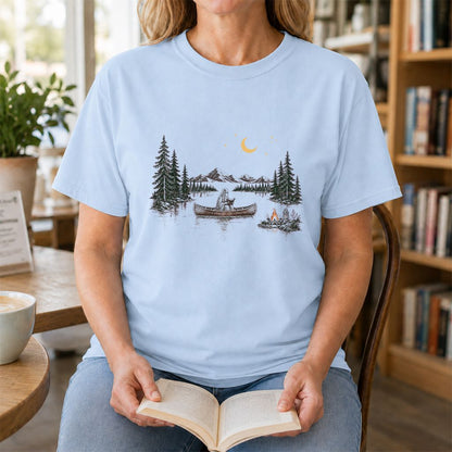 Reading Ghost On The Boat Printed T-Shirt | Spooky Book Lover Gift Light Blue