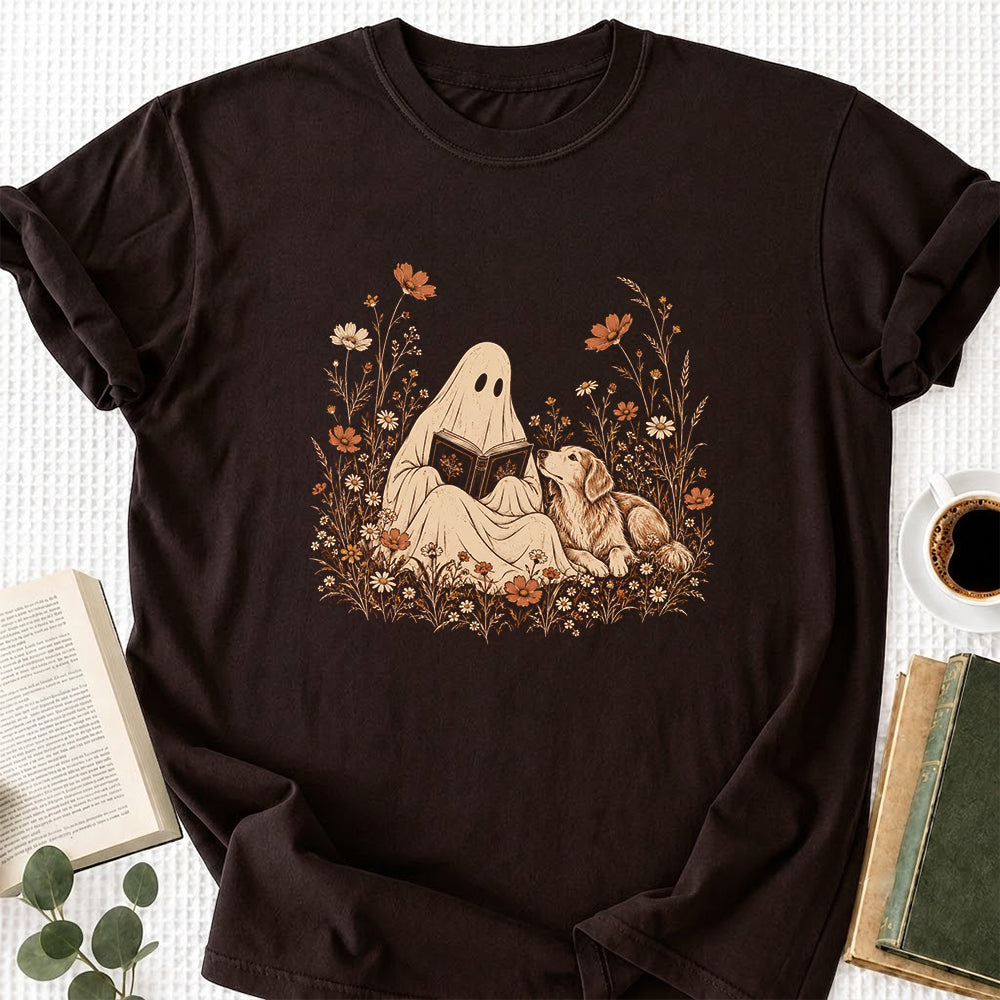 Ghost Wildflowers With Book And Golden Retriever Printed T-Shirt | Halloween Dog Lover Gift Dark Chocolate