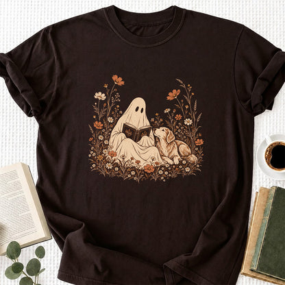 Ghost Wildflowers With Book And Golden Retriever Printed T-Shirt | Halloween Dog Lover Gift Dark Chocolate