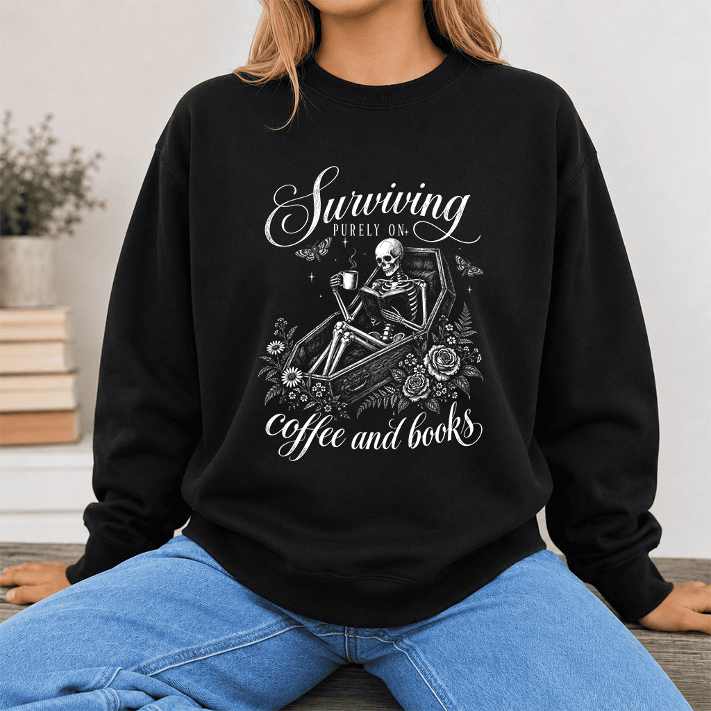 Surviving Purely On Coffee And Books Printed Sweatshirt | Halloween Reader Gift Black