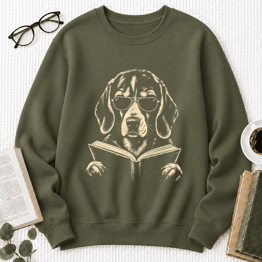 Beagle Reading Book Crewneck Sweatshirt | Reader Gift Military Green