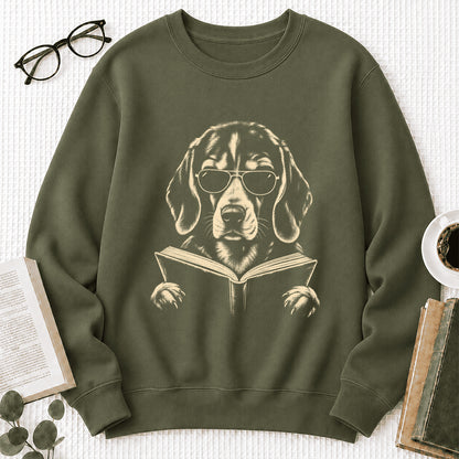 Beagle Reading Book Crewneck Sweatshirt | Reader Gift Military Green