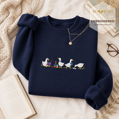 Four Reading Ducks Embroidered Sweatshirt | Reader Gift Navy